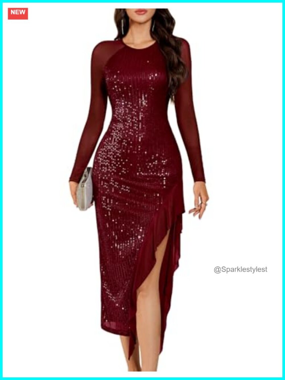 Womens Sparkly Long Sleeve Prom Dress Sequin Cocktail Semi Formal
